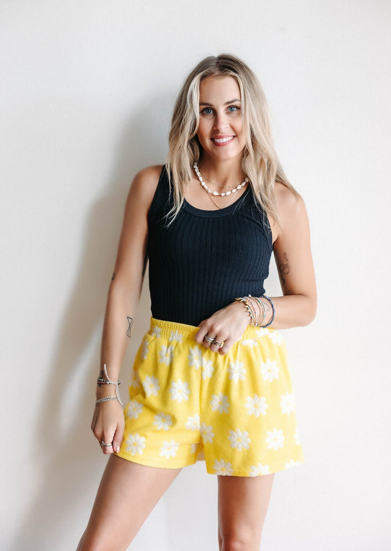 arlo-yellow-terry-daisy-print-elastic-waist-shorts