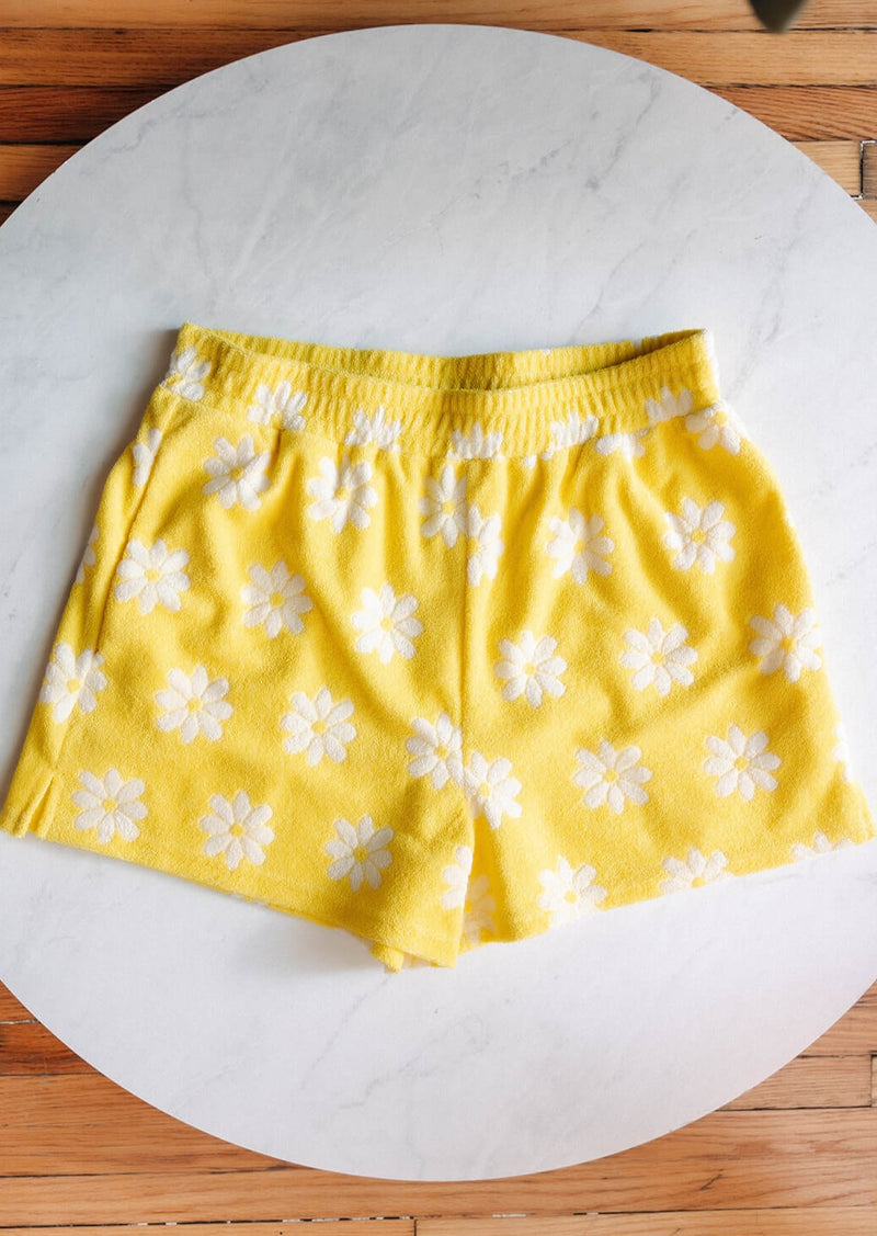 arlo-yellow-terry-daisy-print-elastic-waist-shorts