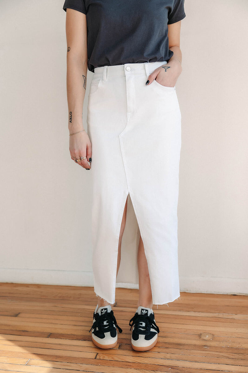 White Denim Front Slit Skirt